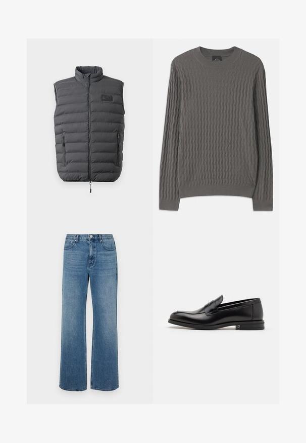 Temno siva oblazina brezrokavnik z visokim ovratnikom, polnim zadrgo in dvema stranskima žepoma z zadrgo. Ima značko logotipa na prsih in gladko teksturo.; Armani Exchange Pulover - dark gull zig zag; Modri široki jeans iz denima z izbledelim zaključkom. Imajo pet žepov, sprednje zapiranje na gumb in ravno krojenje.; Črne usnjene loafer čevlje z gladko teksturo, zaobljenim nosom in dekorativnim trakom čez zgornji del. Nizka zložena peta, minimalističen dizajn.