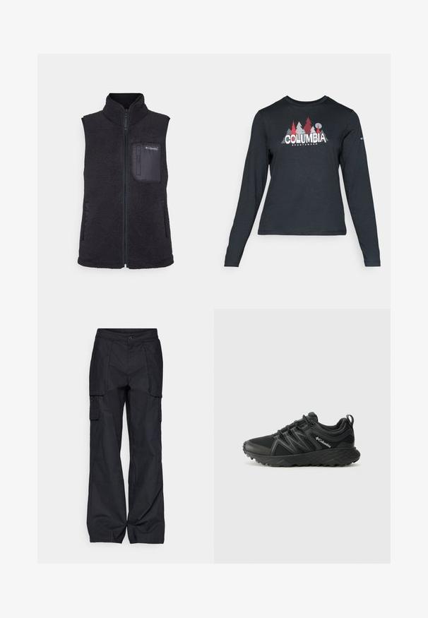 Columbia WEST BEND™ VEST - Chaleco - black; Camisa de manga larga gris oscuro con un gráfico de árboles rojos y montañas; logo "COLUMBIA" en texto blanco en negrita. Tela suave, cuello redondo estándar.; Columbia BREA FALLS™ COTTON RIPSTOP PANT - Pantalones montañeros largos - black; Columbia PEAKFREAK - Zapatillas de senderismo - black