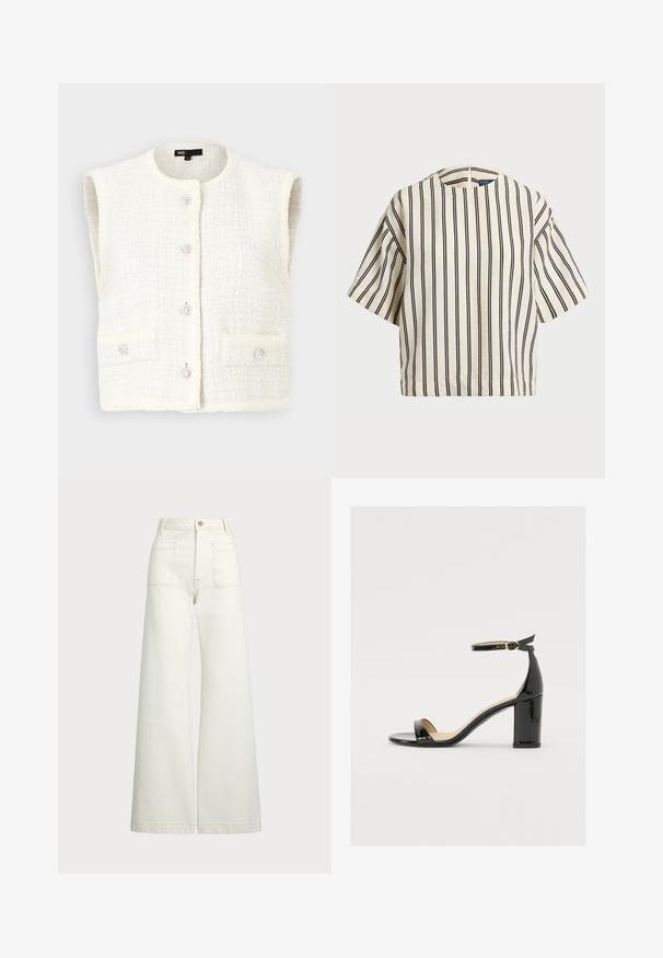 Maje VADERE - Vest - ecru; Kreemjas ja tumesinises triibuline lühikeste varrukatega top, millel on ümmargune kaelus ja kastmine disain, valmistatud tekstuurses kangas.; Laiad teksad heledast denimist. Kõrge vöökoht, nööbivöö, kaks esikotitäit ja kontrastsed õmblused.; Must musta nahk sandaalid laia kanna, avatud varvaste ja ankletihaga, millel on kuldne pandla. Sile tekstuur ja elegantne disain.