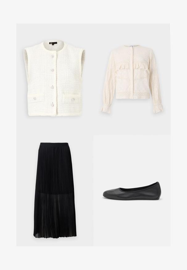 Maje VADERE - Vest - ecru; Cremefarvet bluse med rynkede detaljer, indviklede blonder, lange ærmer med samlede manchetter og en rund halsudskæring.; Sort plisseret midi-nederdel med en glat, elastisk talje og en transparent overlayer, der har fine lodrette plisseringer i hele stoffet.; Sort læderballetsko med rund tå, glat tekstur, minimal syning og et fleksibelt såldesign.