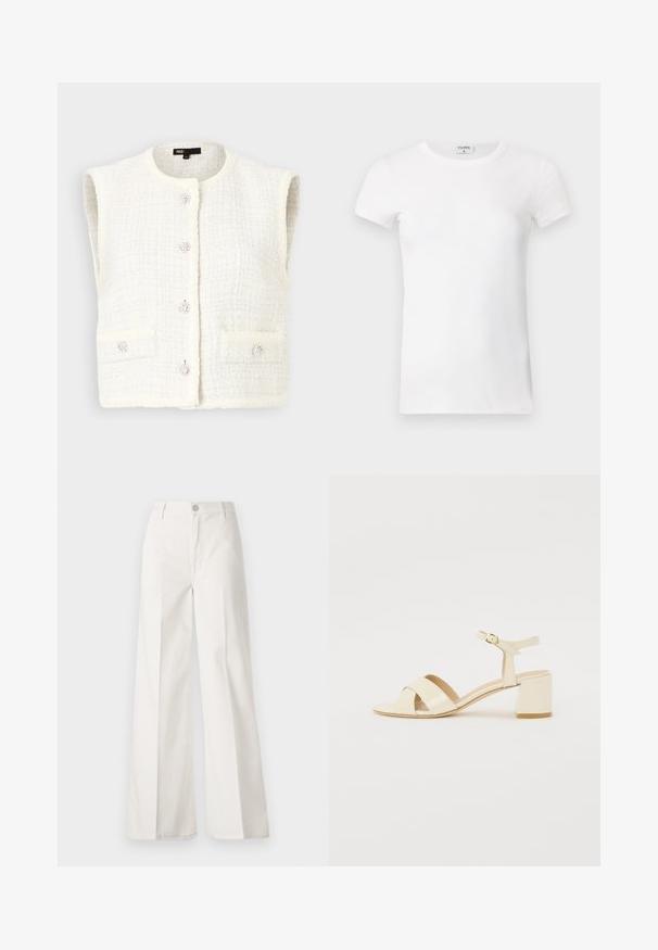 Maje VADERE - Waistcoat - ecru; White ribbed short-sleeve T-shirt with a crew neck. The fabric appears smooth with a fitted silhouette. Branding label visible at the collar.; White wide-leg trousers made from cotton with a smooth texture. Features a front button, zipper fly, and four-pocket design.; Beige patent leather heeled sandals with cross strap design, open toe, adjustable ankle strap, and a block heel. Smooth texture.