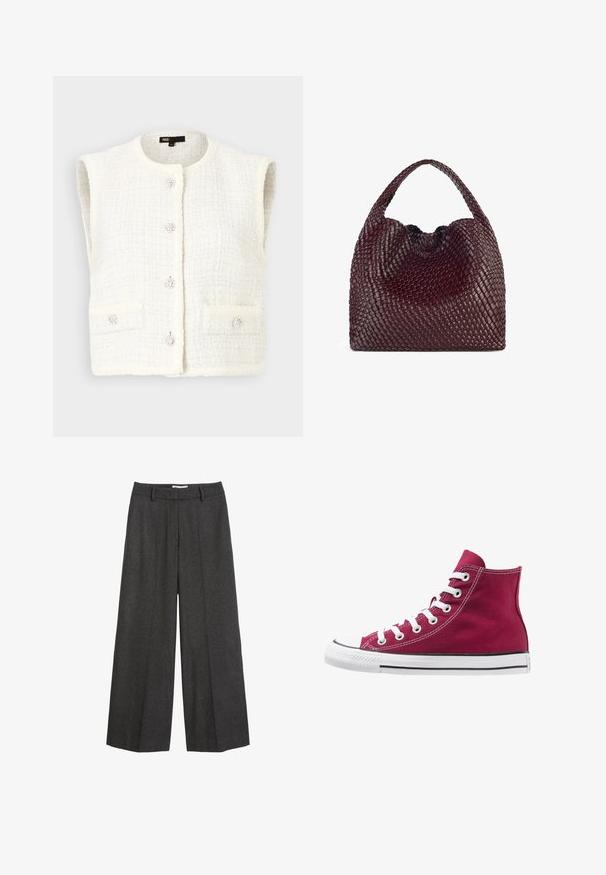 Maje VADERE - Vesta - ecru; Šedé tričko s krátkým rukávem vyrobené z jemné texturované tkaniny; má klasický kulatý výstřih a uvolněný střih bez jakýchkoliv vzorů nebo log. ; Široké kalhoty v tmavě šedé tkanině. Mají upravený pas s poutky na pásek, hladkou strukturu a minimalistické švy.; Vysoké tenisky vyrobené z burgundské plátna s bílými tkaničkami, gumovou špičkou a černým pruhem podél podrážky. Texturované prošívání zvýrazňuje design.; Tkaná bordó kabelka s kulatým tvarem a jedním uchopem, která má texturovaný povrch a elastické stahovací šňůrky.