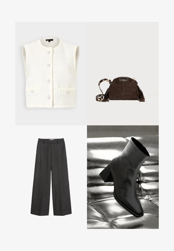Maje VADERE - Vestă - ecru; Topul fără mâneci din satin alb prezintă un guler rotund și o textură netedă, cu un luciu subtil și margini curate.; Pantaloni cu picioare largi dintr-un material gri închis. Prezentă un brâu ajustat cu bucle pentru curea, textură netedă și accente de cusătură minime.; Cizme negre până la gleznă, realizate dintr-un material lucios, cu vârf pătrat și toc conic, plasate pe un fundal strălucitor de argint, cu un model tuftat.; Geantă de mână din suede maro, cu o formă rotundă, franjuri decorative, curea detașabilă cu accesorii aurii și un mâner de sus.