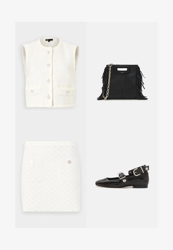 Maje VADERE - Vest - ecru; Tumes ribade polo-särk, millel on terav krae, lühikesed varrukad ja kaks esist taskut klõpsnuppudega; kaunistatud valgete õmbluse aktsentidega.; Lühike valge seelik, millel on tekstuuriga muster, kahel eesmisel taskul ja dekoratiivsetel kuldsetel nuppudel. Painduvale vööline ööndus mugavuse tagamiseks.; Must musta nahkkinga lamead kontsad, ruudukujulise varbaga, pahkluu rihmaga, mis sisaldab hõbedast taakleid, ning lame tald. Siledat pinda ja minimalistlikku disaini.; Musta nahk käekott, millel on frantsiisid, kuldne ahelsanga ja lõigatud käepide. Esiosas on logot.