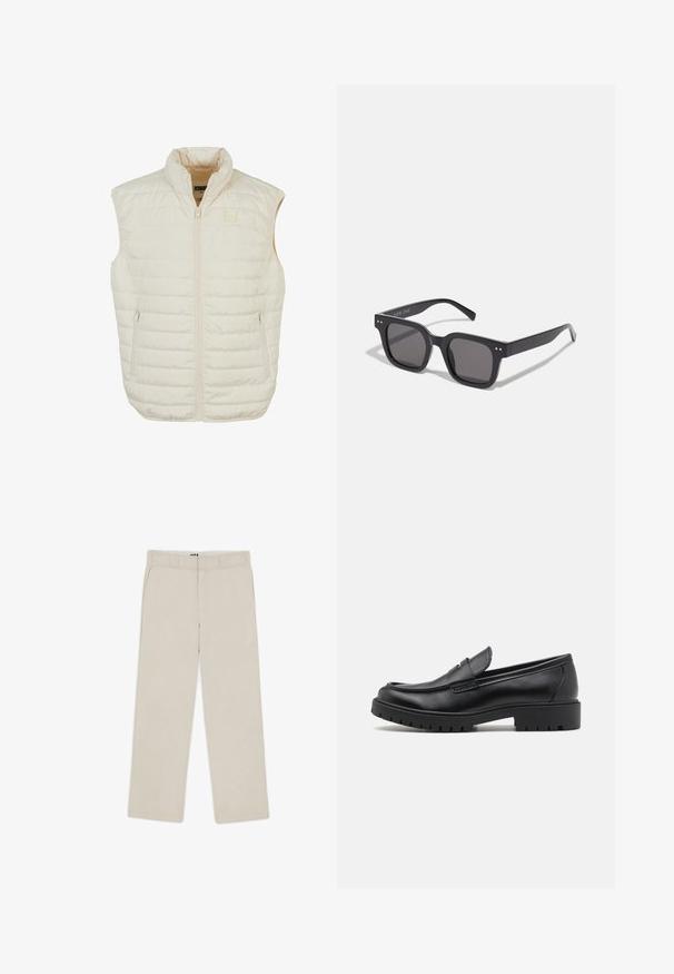 Let beige dunvest med høj krave, frontlynlås og to sidelommer med lynlås; har vandrette syninger for struktur.; Sort turtleneck sweater lavet af et blødt strikmateriale. Har lange ærmer, ribbet krave og kant. Enkel, slank design uden mønstre.; Beige brede bukser med en glat tekstur, der har bæltestropper, to frontlommer og en lynlåslukning. Minimalistisk design.; Sorte læder loafers med rund tå, slip-on design og tyk gummisål med tekstureret greb. Forhøjet hæl og subtile syninger.; Sorte rektangulære solbriller med mørke linser, der har en tyk ramme, subtile detaljer på siderne og uden synlige logoer udover mærkenavnet.; Casio kvarts armbåndsur med en sort skive, sølvfarvet rustfrit stål armrem, store hvide og røde tal, samt vandtæt op til 200 m.