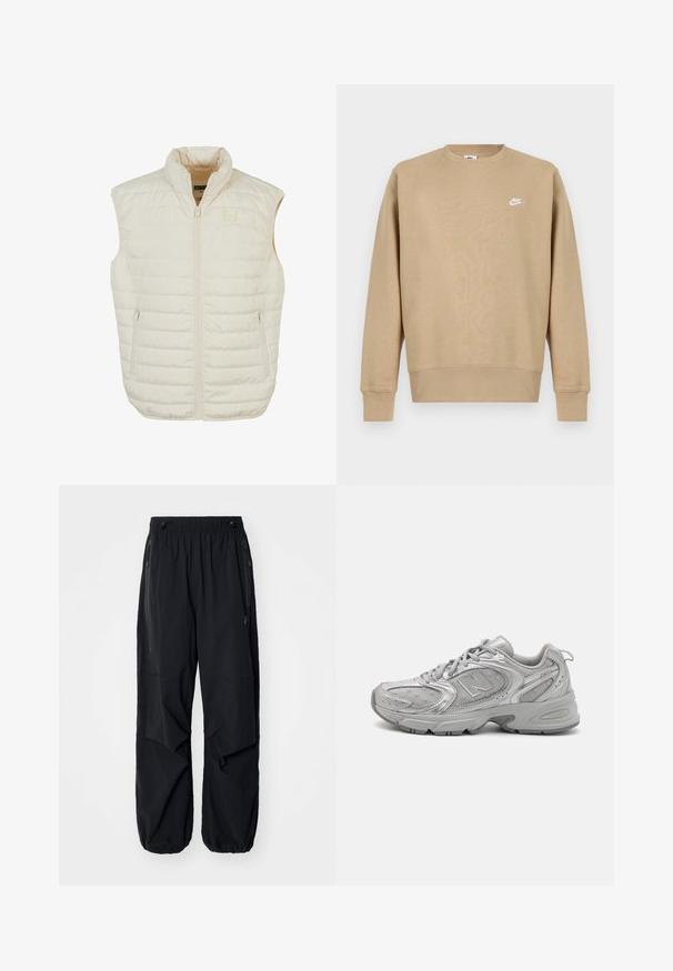 Kerge beež puffer-vest kõrge krae, ees tõmblukk ja kaks küljetaskut tõmblukkudega; omaduseks on horisontaalne õmblemine tekstuuri loomiseks.; Kreemika värvi Nike'i sviiter, millel on ümar kaelus, pikad varrukad ja valge logo rinnal. Kangas näib olevat pehme ja ühtlase tekstuuriga.; Mustad mustad cargo püksid elastse vöökoha, külgzippide ja avarate taskutega. Omab laia lõiget ja kitsenevaid sääreotsasid.; Hõbedane sportlik jalanõud, millel on stiilne disain, võrkpaneelid, pehmendatud keel, tekstureeritud sünteetiline pealmine osa ja kummist välistald haardumise tagamiseks.