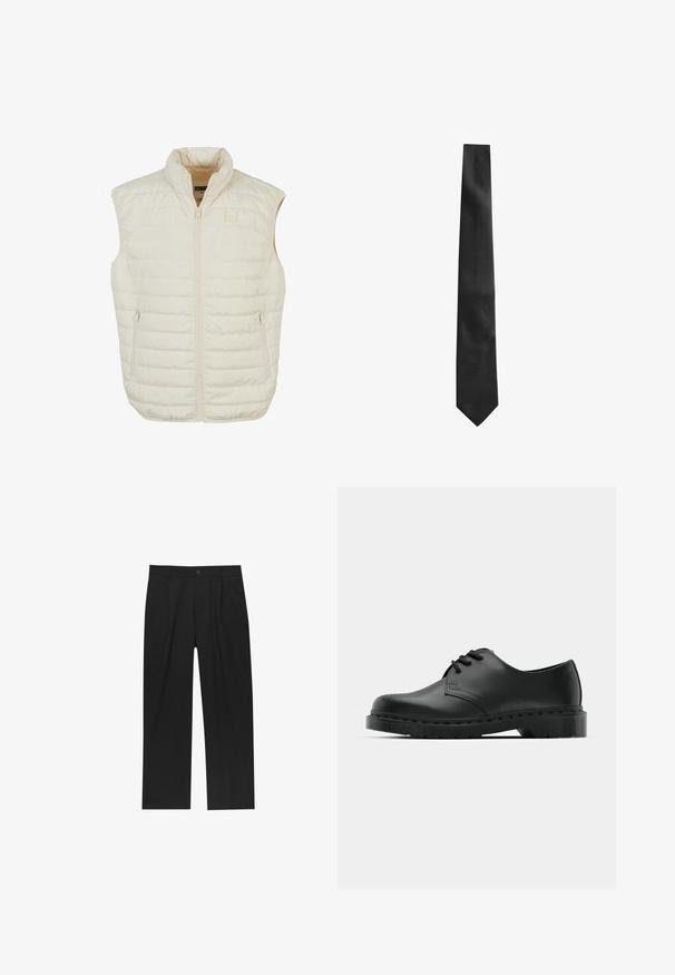 Lichtgewicht beige pufferbodywarmer met hoge kraag, ritssluiting aan de voorkant en twee zijritszakken; heeft horizontale stiksels voor textuur.; Witte langesleeve overhemd met knopen, gemaakt van een gladde stof. Kenmerkt zich door een klassieke kraag, voor knopen en manchetten met één knoop. Slim fit ontwerp.; Zwarte broeken met een recht model, gemaakt van een gladde stof. Voorzien van een voorplooien en een enkele knoopsluiting bij de taille.; Zwarte leren oxford schoenen met vetersluiting, ronde neus, platte rubberen zool en subtiele stiksel details langs het bovenwerk.; Zwarte stropdas met een gestructureerde afwerking, smalle vorm en puntsluiting. De stof lijkt glad met een subtiel patroon.
