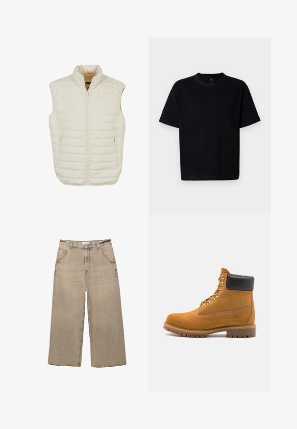 Lichtgewicht beige pufferbodywarmer met hoge kraag, ritssluiting aan de voorkant en twee zijritszakken; heeft horizontale stiksels voor textuur.; Zwarte katoenen T-shirt met een ronde halslijn, korte mouwen en een rechte snit. Kenmerkt zich door minimale stiksels en een zachte, gladde textuur.; PULL&BEAR MEGA BAGGY - Baggy jeans - light grey; Tan suède enkelboot met zwart gevoerd kraagje, gouden metalen oogjes, witte stikdetails en een robuuste rubberen zool met uitgesproken profiel.