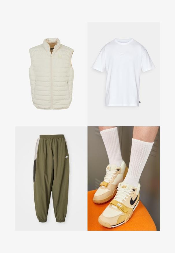 Leichte beige Steppweste mit hohem Kragen, Frontreißverschluss und zwei seitlichen Reißverschlusstaschen; mit horizontalen Nähten für Textur.; Weißes Baumwoll-T-Shirt mit kurzen Ärmeln und Rundhalsausschnitt. Verfügt über ein kleines, dezentes Nike-Logo auf der Brust und ein seitliches Etikett.; Olivgrüne Nike Jogginghose mit elastischem Bund und Bündchen. Verfügt über seitliche Einsätze in Hellgrau und Dunkelgrau mit Logodetail.; Nike Sportschuhe aus beigem und cremefarbenem Leder, ausgestattet mit einem schwarzen Swoosh, weißen Schnürsenkeln, einem Klettverschluss und einer strukturierten Gummisohle.