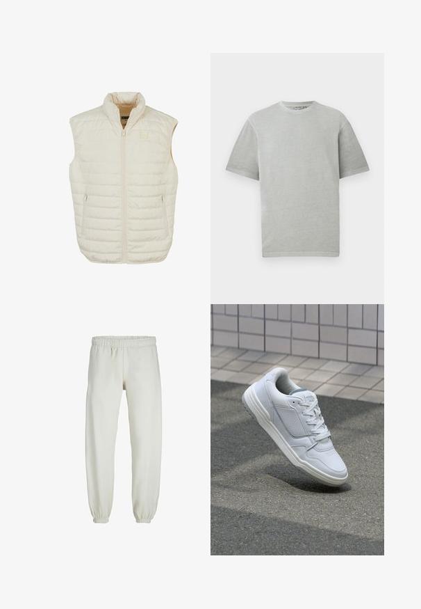 Smanicato imbottito leggero beige con collo alto, cerniera frontale e due tasche laterali con cerniera; caratterizzato da cuciture orizzontali per la texture.; T-shirt grigio chiaro con maniche corte e colletto a giro, esposto su uno sfondo bianco uniforme.; Pantaloni tuta bianchi realizzati in tessuto morbido, dotati di vita e polsini elastici, con una texture liscia e una vestibilità ampia.; Sneaker bianca in pelle con lati perforati, accenti testurizzati, lacci piatti e tallone grigio a contrasto. Presenta una suola leggermente elevata.