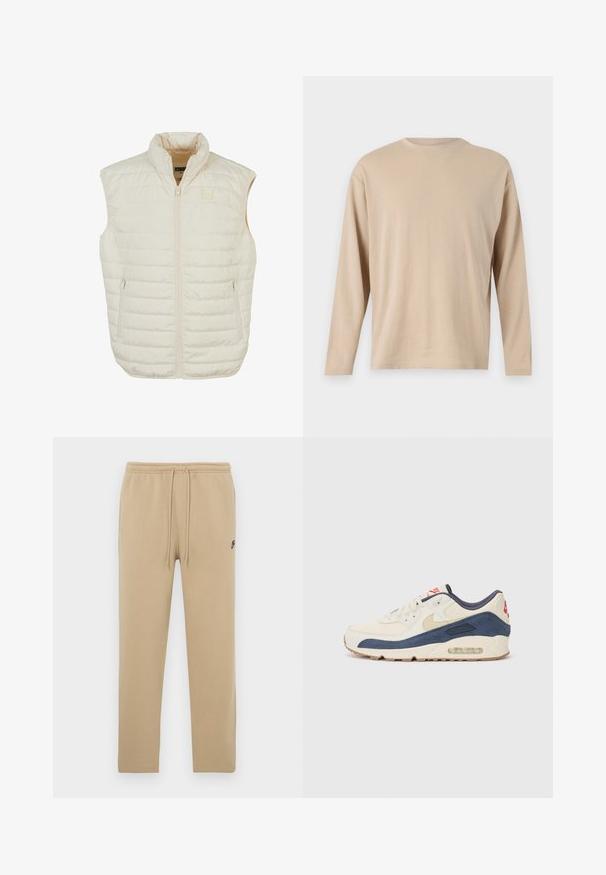 Lichtgewicht beige pufferbodywarmer met hoge kraag, ritssluiting aan de voorkant en twee zijritszakken; heeft horizontale stiksels voor textuur.; Beige langesleeve shirt gemaakt van zachte stof met een rechte snit, ronde halslijn en minimale stikdetails langs de zoom en de mouwen.; Beige sweatpants gemaakt van zachte stof met een tailleband met trekkoord en zijzakken. Voorzien van een klein zwart logo op het linkerbeen.; Sneakers met een crème leren en marineblauwe suède bovenkant, voorzien van een zichtbare luchtzool, beige rubberen buitenzool en een rode accent op de hiel.