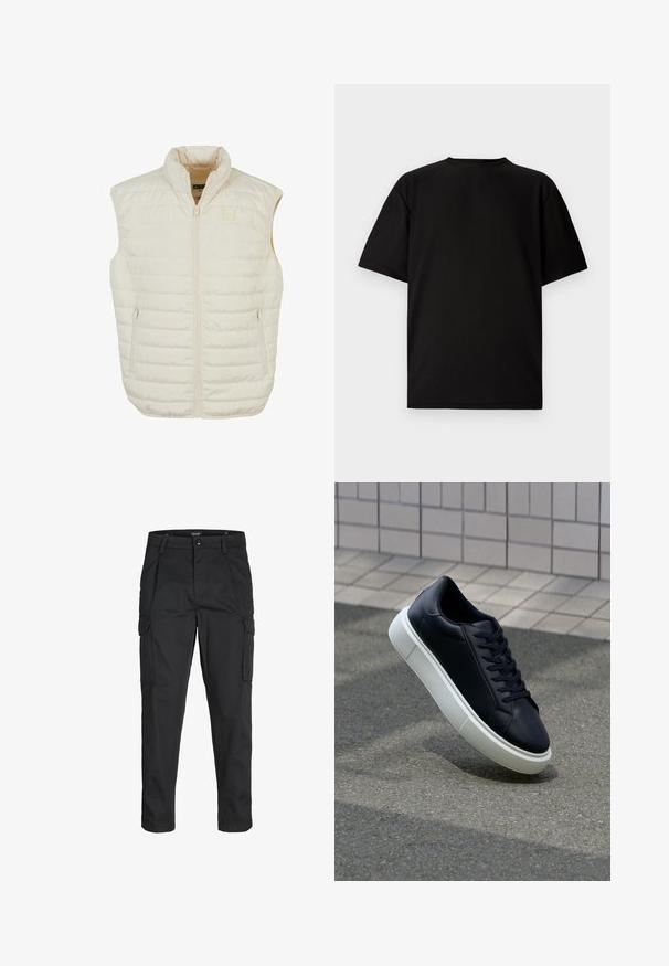 Leichte beige Steppweste mit hohem Kragen, Frontreißverschluss und zwei seitlichen Reißverschlusstaschen; mit horizontalen Nähten für Textur.; Schwarzes kurzärmeliges T-Shirt aus geripptem Stoff. Mit rundem Halsausschnitt und lockerer Passform sowie glatter Textur. Nur Rückansicht.; Schwarze Cargo-Hose aus robustem Material, mit mehreren Taschen, einem Knopfverschluss und einem Slim-Fit-Design mit schmal zulaufenden Beinen.; Schwarze Leder-Sneaker mit runder Zehenpartie und weißer Gummisohle. Verfügt über flache Schnürsenkel und minimale Nähte im Obermaterial. Strukturiertes Sohlenprofil für besseren Halt.