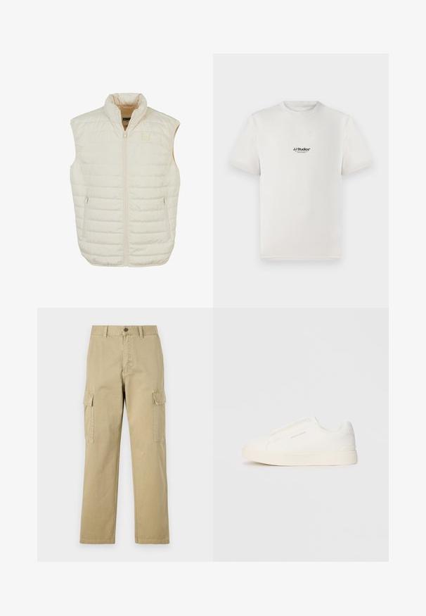 Lahka bež puhasta jopa z visokim ovratnikom, sprednjo zadrgo in dvema stranskima žepoma z zadrgo; ima vodoravno šivanje za teksturo.; Bela bombažna majica s kratkimi rokavi, ki na prsih nosi črni logotip "JJ Studios". Ima krožni ovratnik in standardno prileganje.; Bež hlače s cargo krojem iz bombaža, z dvema stranskima žeparm, gumbom za zapiranje in ravnimi nogavicami iz rahlo teksturirane tkanine.; Bele zapete brez vezalk z teksturirano površino, debelim podplatom in minimalističnim dizajnom. Na strani se nahaja logotip blagovne znamke.