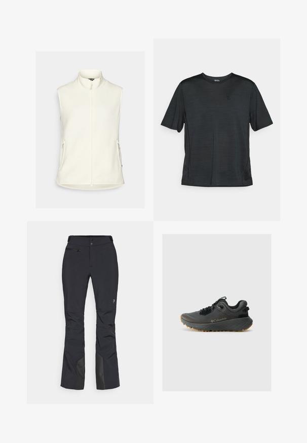 White fleece vest with a high collar, full front zipper, and two side pockets. Smooth texture, no sleeves, and rounded hemline.; Black short-sleeve athletic shirt made of lightweight, moisture-wicking fabric. Features a round neck and a small logo on the chest.; Ski pants in black fabric, featuring a zippered pocket, reinforced lower legs, and a tailored fit with knee seams for improved movement.; Columbia TERRASTRIDE CRZ - Hiking shoes - shark/black