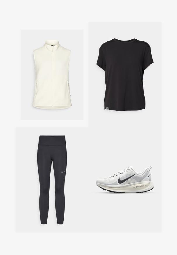 White fleece vest with a high collar, full front zipper, and two side pockets. Smooth texture, no sleeves, and rounded hemline.; Black short-sleeve t-shirt made from soft fabric, featuring a rounded neckline and a small logo tag at the bottom left hem.; Black leggings made of stretchy fabric, featuring a high waistband and a white Nike logo on the left thigh. Smooth texture, form-fitting design.; Nike Performance VOMERO 18 - Road running shoes - summit white/black/coconut milk