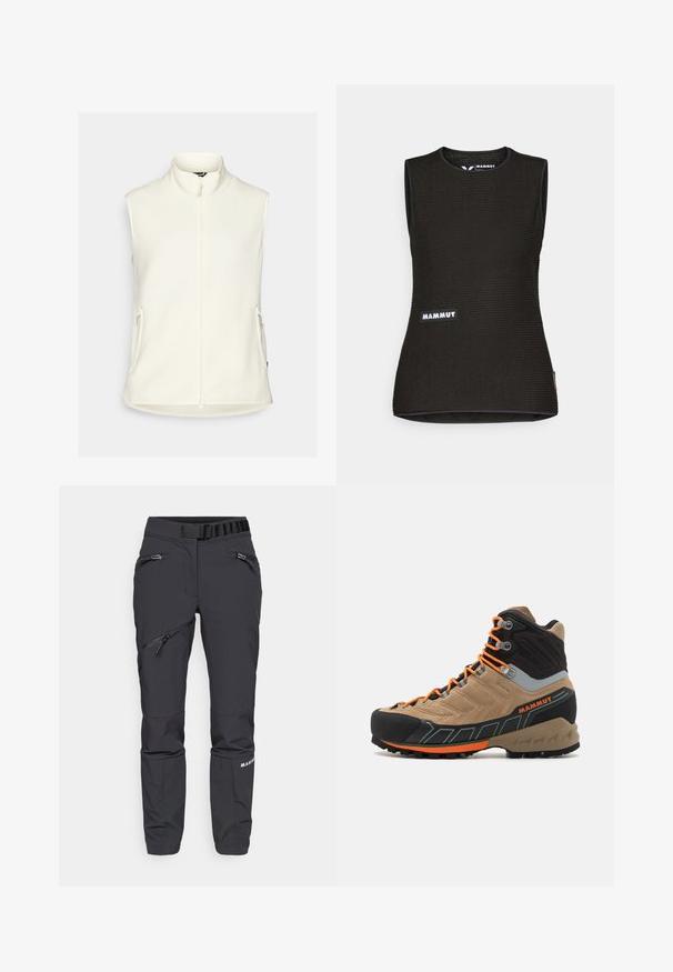 Weißer Fleece-Weste mit hohem Kragen, durchgehendem Reißverschluss und zwei Seitentaschen. Glatte Textur, ohne Ärmel und abgerundetem Saum.; Schwarzes ärmelloses Shirt mit einem strukturierten Muster, runder Ausschnitt und einem "MAMMUT"-Logo auf der Vorderseite. Aus atmungsaktivem Material gefertigt.; Schwarze Softshell-Hosen mit schmaler Passform, Reißverschluss-Taschen, elastischem Bund und strukturierten Beinteilen im unteren Bereich. Robustes Material für den Einsatz im Freien.; Beige und schwarze Wanderstiefel im High-Top-Stil mit orangefarbenen Schnürsenkeln, gummierter Zehenkappe, strukturiertem Obermaterial und robustem Sohlenprofil. Verfügt über verstärkten Knöchelschutz.