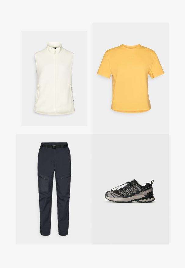 Weißer Fleece-Weste mit hohem Kragen, durchgehendem Reißverschluss und zwei Seitentaschen. Glatte Textur, ohne Ärmel und abgerundetem Saum.; Gelbes T-Shirt mit kurzen Ärmeln und rundem Ausschnitt, aus weichem Stoff gefertigt. Verfügt über ein dezentes Logo auf der Brust und einen geraden Saum.; Marineblaue Outdoor-Hosen aus synthetischem Material, ausgestattet mit Reißverschlusstaschen, einem Gürtel und einer taillierten Beinform. Glatte Textur mit minimalen Akzenten.; Schwarzer und grauer Sportschuh mit einem Obermaterial aus Mesh, Gummisohle und elastischem Schnürsystem. Verfügt über eine verstärkte Zehenkappe und strukturierte Akzente.