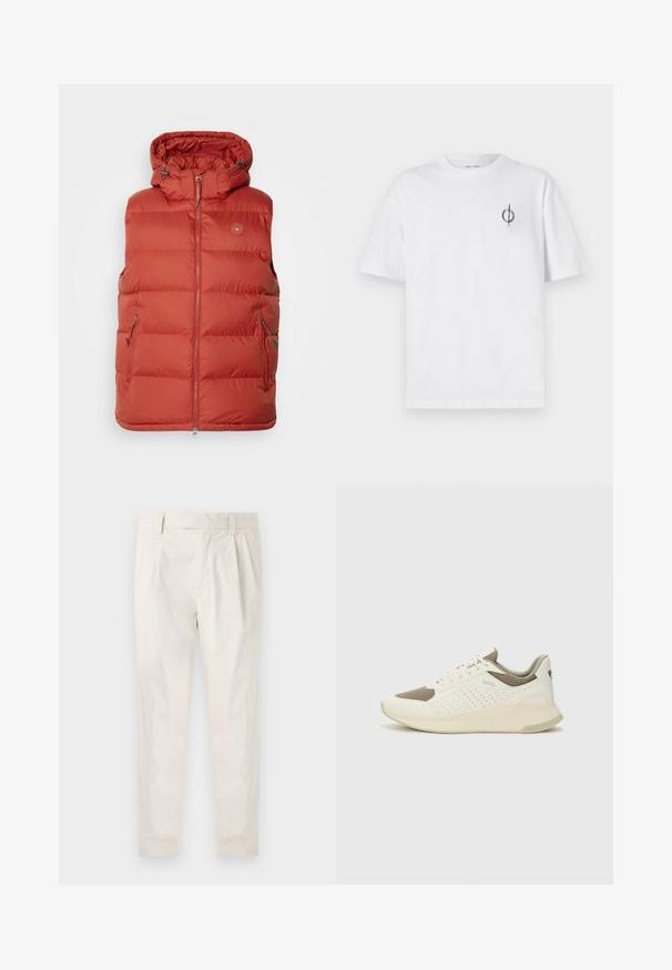 Červená vyp padded bezrukávová vesta s kapucí, s našitými zipy a dvěma bočními kapsami. Vyrobena z lehkého, hladkého materiálu s prošívaným designem.; Bílý bavlněný tričko s volným střihem, které má malé černé grafické logo na levé straně hrudi. Krátké rukávy, kulatý výstřih.; Bílé, plisované kalhoty s upraveným střihem, které mají hladkou texturu, poutka na opasek a zúžené nohavice. Bez viditelných kapes nebo vzorů.; Bílé a světle béžové atletické tenisky, které mají síťovaný svršek, perforované detaily a texturovanou mezipodešev s logem na patě.