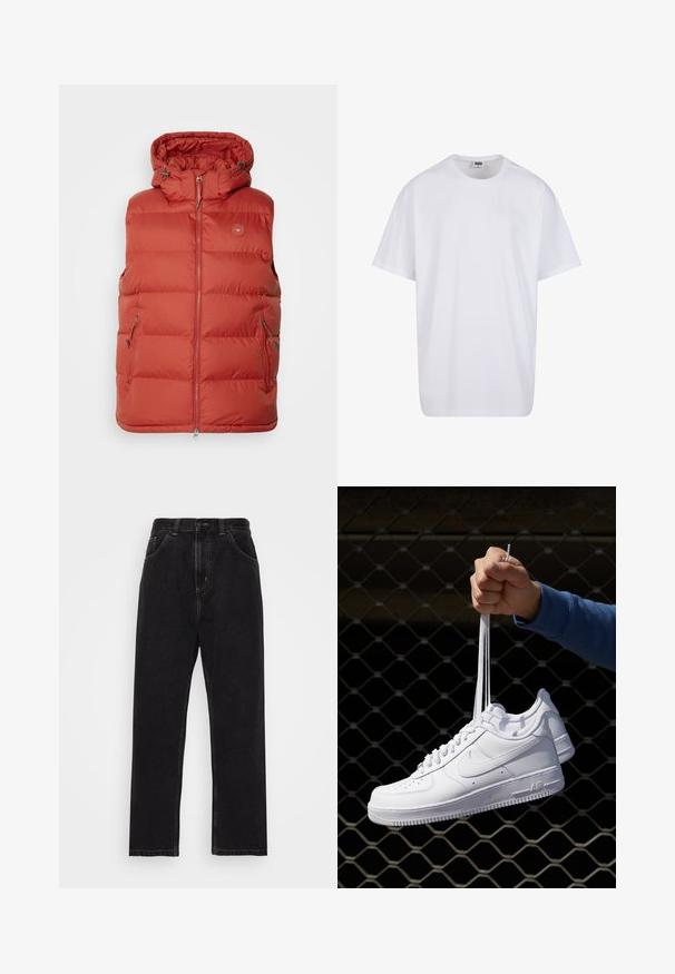 Raudonas paminkštintas be rankovių liemenė su gobtuvu, turinti užtrauktukus ir dvi šonines kišenes. Pagaminta iš lengvos, glotnios medžiagos su siuvinėtu dizainu.; Balta medvilninė marškinėlių užsagėlė su trumpomis rankovėmis, apvaliu kaklu, laisva forma ir be matomų logotipų ar raštų. Lygi tekstūra ir minimalus dizainas.; Juodi džinsai su tiesia kojų siluetu, turintys penkias kišenes, sagčių ir užtrauktukų uždarymą, bei kontrastingą geltoną siuvinėjimą.; Balti odiniai sportiniai bateliai su perforacijomis, apvalia nosimi, plokščiu padu ir storomis raištelėmis, su matomu swoosh logotipu ir "AIR" ant kulno.