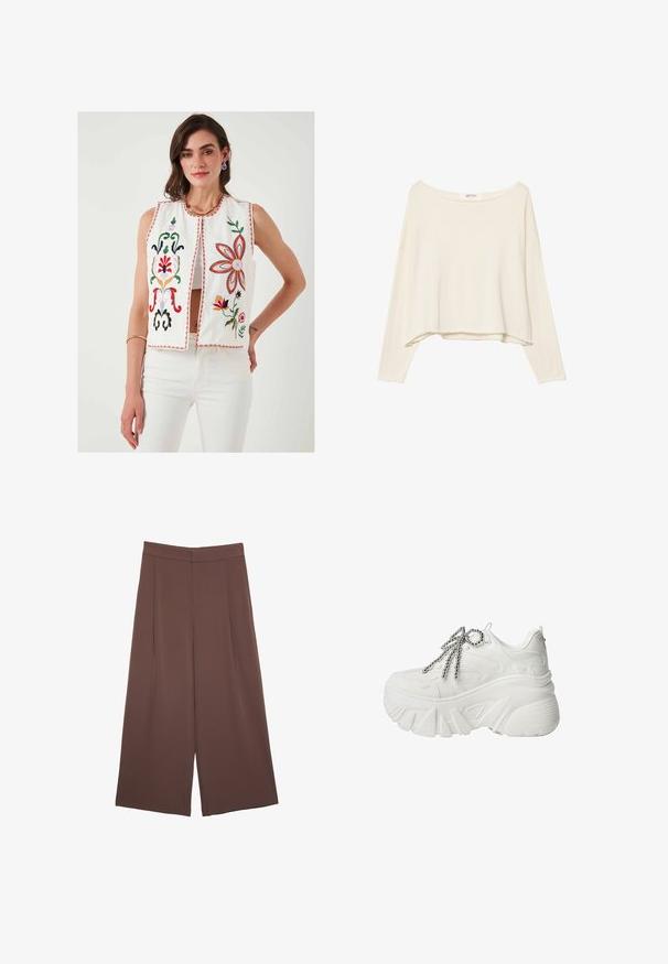 Biele vyšívané vesty s kvetinovými vzormi v červenej, zelenej, ružovej a žltej farbe. Má okrúhly výstrih a otvorený predný diel, skombinované s bielymi nohavicami.; Svetlobežová skrátená mikina s širokým výstrihom, dlhými rukávmi a mäkkou, textúrovanou látkou. Má uvoľnený, štvorcový strih.; Hnedé nohavice so širokými nohavicami a hladkou textúrou, s vysokým pásom a prednými skladmi. Tkanina je ľahká a voľne sa pohybuje.; Platformové tenisky z bieleho syntetického materiálu s hrubou podrážkou, s textúrovaným dizajnom a metalickými striebornými šnúrkami.