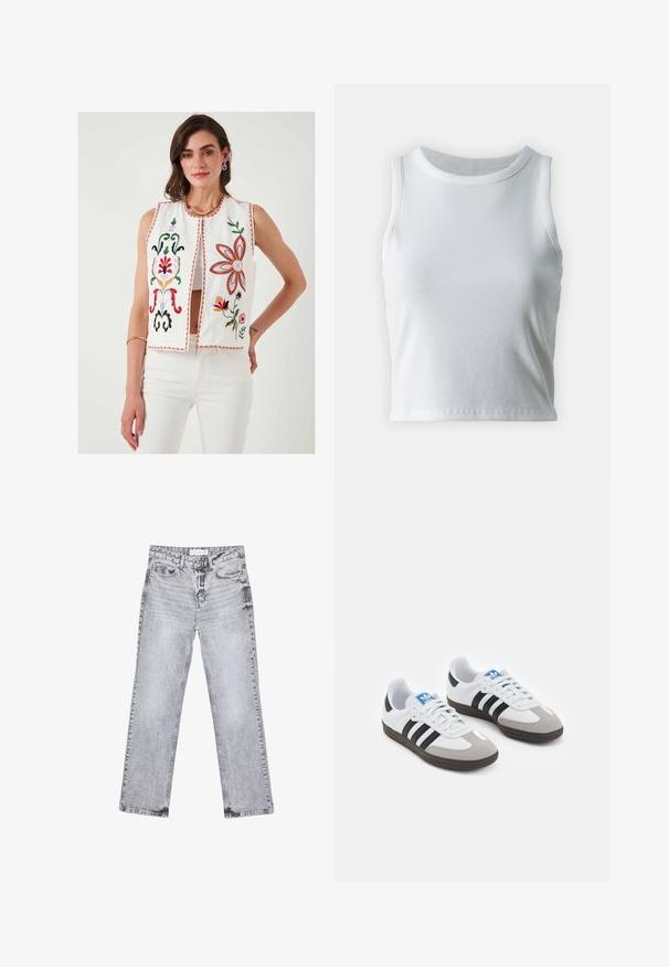 Gilet bianco ricamato con motivi floreali in rosso, verde, rosa e giallo. Presenta un collo rotondo e apertura frontale, abbinato a pantaloni bianchi.; Top a canotta bianco a coste con scollatura rotonda e senza maniche, caratterizzato da un orlo dritto e una texture liscia e elastica.; Jeans in denim grigio con taglio dritto, dettagli sfilacciati, cinque tasche e rivetti in rame. La cintura presenta un'etichetta con il logo.; Scarpe sportive con tomaia in pelle bianca, punta in suede grigia e tre strisce nere. Presentano un logo blu sulla linguetta e una suola in gomma testurizzata.