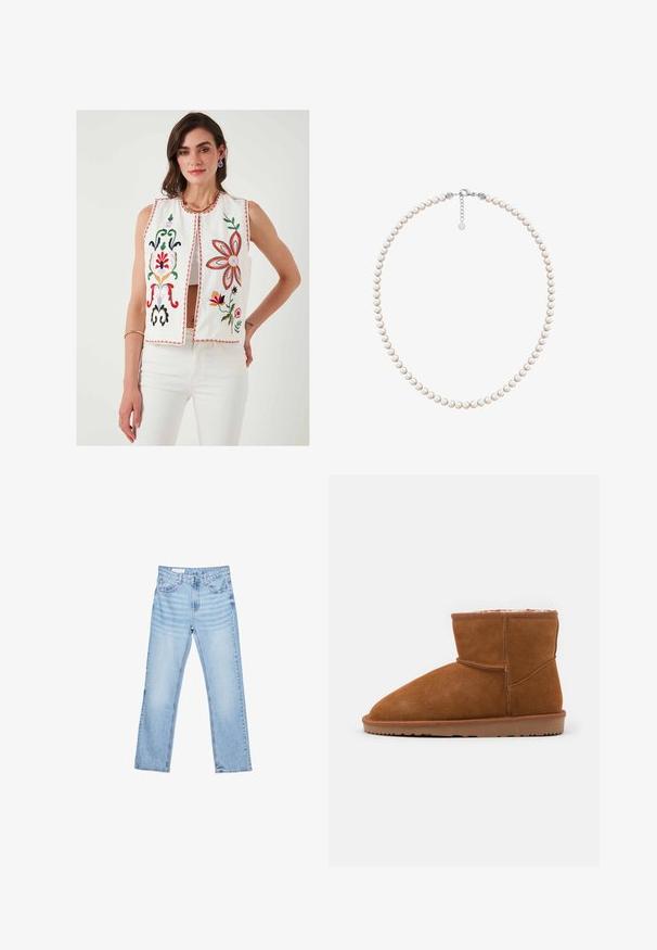 Embroidered white vest with floral designs in red, green, pink, and yellow. Features a round neckline and open front, paired with white pants.; Three white cotton t-shirts with short sleeves and a scoop neckline, featuring a smooth texture and consistent design.; Light blue denim jeans with a straight cut, five-pocket design, and visible stitching. Mid-rise waist with a classic button and zip closure.; Brown suede ankle boot with a rounded toe and soft lining, featuring a flat rubber sole and minimal stitching details.; Freshwater pearl necklace with uniform round white pearls, finished with a silver clasp and extender chain for adjustable length.