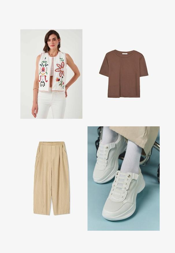 Biała kamizelka haftowana w kwiatowe wzory w kolorach czerwonym, zielonym, różowym i żółtym. Posiada okrągły dekolt i otwarte przody, zestawiona z białymi spodniami.; Brązowa koszulka z krótkim rękawem, wykonana z miękkiego materiału, z okrągłym dekoltem i luźnym krojem. Brak widocznych wzorów lub akcentów.; Beżowe spodnie w paski z elastycznym pasem, z dwoma bocznymi kieszeniami, luźnym fasonem i pionowymi czarnymi prążkami jako detal.; Białe sneakersy z siateczkowego materiału, gumową podeszwą, bezsznurowym designem z elastycznymi paskami oraz złotymi akcentami.