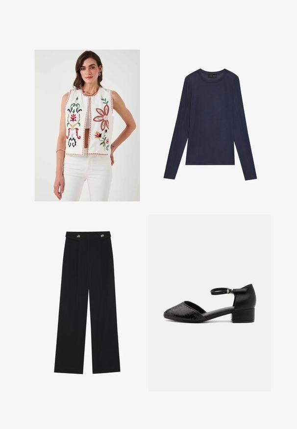 Weißer bestickter Weste mit floralen Motiven in Rot, Grün, Pink und Gelb. Verfügt über einen runden Ausschnitt und eine offene Vorderseite, kombiniert mit weißen Hosen.; Marinefarbener Langarm-Top aus glattem, leichtem Stoff. Mit rundem Halsausschnitt und Nahtdetails entlang der Ärmel und Seiten.; Schwarze weite Hosen mit hoher Taille, Knopfdetails am Bund und vorderen Falten.; Schwarzer Knöchelriemen-Schuh mit spitzem Zehenbereich, der ein strukturiertes Obermaterial und einen niedrigen Blockabsatz für mehr Stabilität aufweist. Das Material ist eine Mischung aus weichem Leder und synthetischem Gewebe.