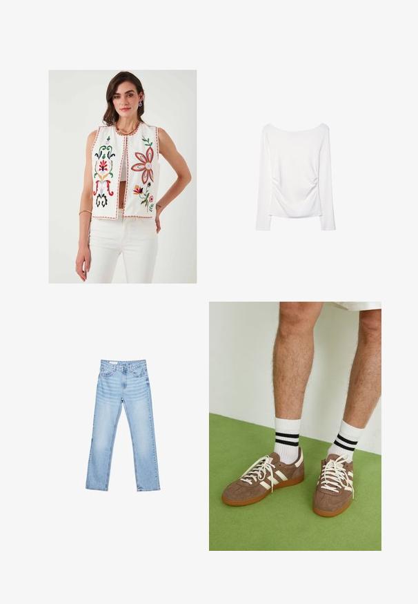 Embroidered white vest with floral designs in red, green, pink, and yellow. Features a round neckline and open front, paired with white pants.; Long-sleeve white top featuring a wide neckline and gathered detail at the back. Smooth texture, form-fitting design.; Light blue denim jeans with a straight cut, five-pocket design, and visible stitching. Mid-rise waist with a classic button and zip closure.; Brown suede sneakers with white accents and laces. Rubber gum sole. Worn with white socks featuring black stripes. Green textured flooring.