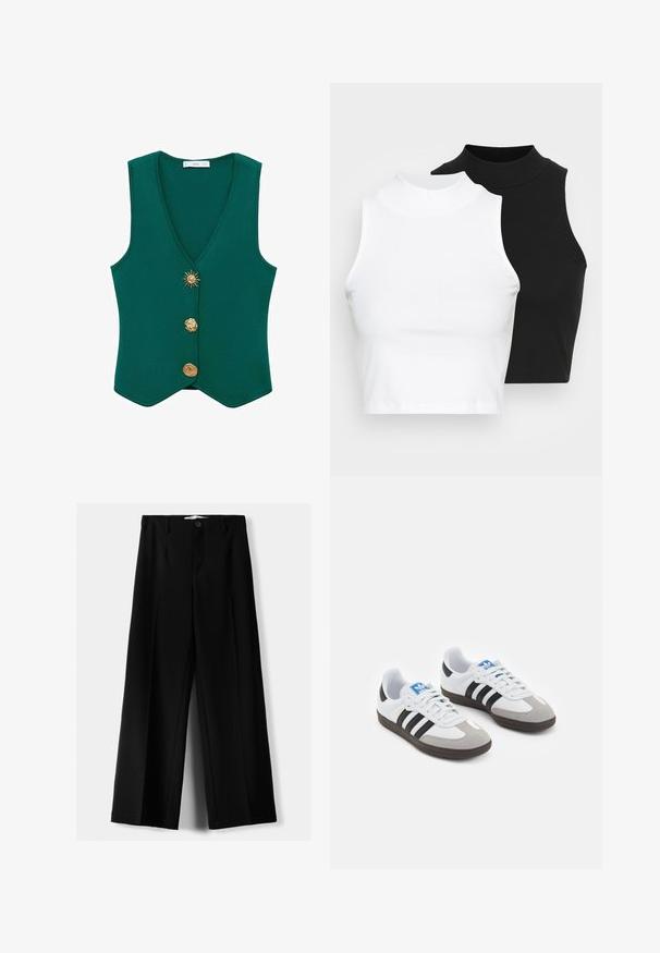 Zelená bezrukávová vesta s hlubokým výstřihem do V, třemi dekorativními knoflíky, včetně slunečního motivu a texturované tkaniny.; Dvě bezrukávové halenky s ribovým stojáčkem v černé a bílé barvě, které mají přiléhavý střih a hladkou texturu, s krácenou délkou.; Černé široké kalhoty z lehkého materiálu s předním zapínáním na knoflík a hladkým předním dílem, s pečlivě přišitými lemy.; Sportovní boty s bílým koženým svrškem, šedou semišovou špičkou a třemi černými pruhy. Obsahují modré logo na jazyku a texturovanou gumovou podrážku.