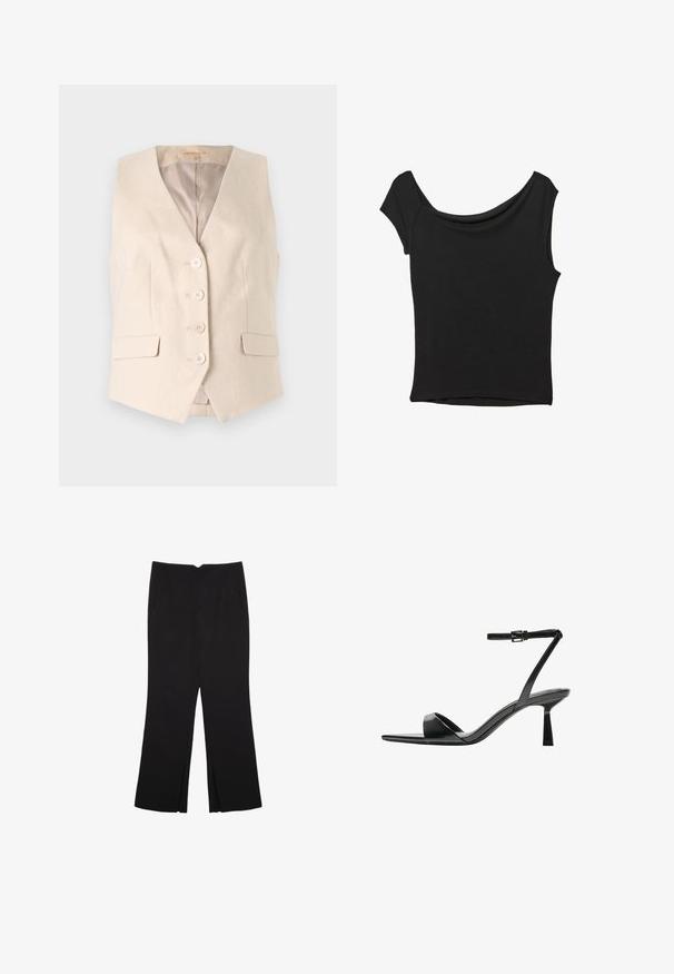 Beige skræddersyet vest lavet af et tekstureret stof, med V-udskæring, fire frontknapper og to sidelommer. Foret indvendigt.; Sort kortærmet top lavet af glat stof; har en draperet halsudskæring og en asymmetrisk kant, med en tætsiddende pasform.; Sorte bukser med lige pasform, der har frontlommer og slidser i kanten. Lavet af blødt, glat stof. Velegnet til forskellige anledninger.; Bershka Højhælede sandaletter / Højhælede sandaler - black