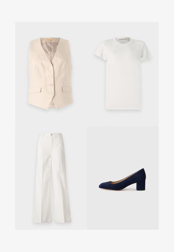 Colete bege feito de um tecido texturado, apresentando um decote em V, quatro botões frontais e dois bolsos laterais. Interior forrado.; T-shirt branca de mangas curtas, feita de algodão, com decote redondo e corte simples. As etiquetas exibem "DESIGNERS REMIX" dentro do colarinho.; Calças largas brancas feitas de algodão com uma textura suave. Apresenta um botão frontal, fecho de correr e um design de quatro bolsos.; Salgados de camurça azul-marinho com bico fino e um salto quadrado de altura média. Textura suave com um ligeiro brilho e um pequeno corte na parte da frente.