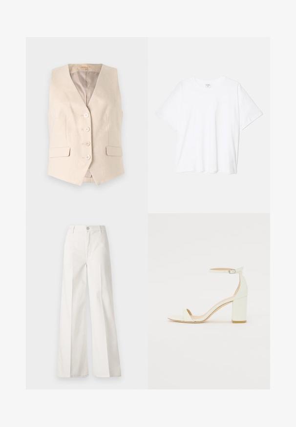 Bež prilagojen brezrokavnik iz teksturirane tkanine, z V-izrezom, štirimi sprednjimi gumbi in dvema stranskima žepoma. Podložena notranjost.; Bela bombažna majica s kratkimi rokavi, okroglim izrezom, sproščenim krojem in šivanim robom. Oznaka vidna na notranji strani izreza.; Bele široke hlače iz bombaža z gladko teksturo. Imajo gumb spredaj, zadrgo in zasnovo z štirimi žepi.; Bela usnjena sandala z blok peto, ki ima zanko okoli gležnja s sponko in minimalističen dizajn. Odkrit prst in gladke teksture po vsej površini.
