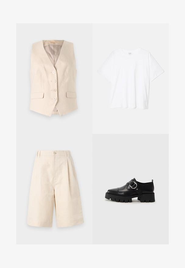 Beige tailored vest made from a textured fabric, featuring a V-neckline, four front buttons, and two side pockets. Lined interior.; White cotton t-shirt with short sleeves, round neckline, relaxed fit, and stitched hem. Label visible on the inside neck.; Beige linen shorts with a relaxed fit, featuring a button closure, pleated design, and knee-length cut. Smooth texture and simple style.; Black leather shoes with a chunky, ribbed sole, featuring a circular silver hardware accent and minimal stitching detail.