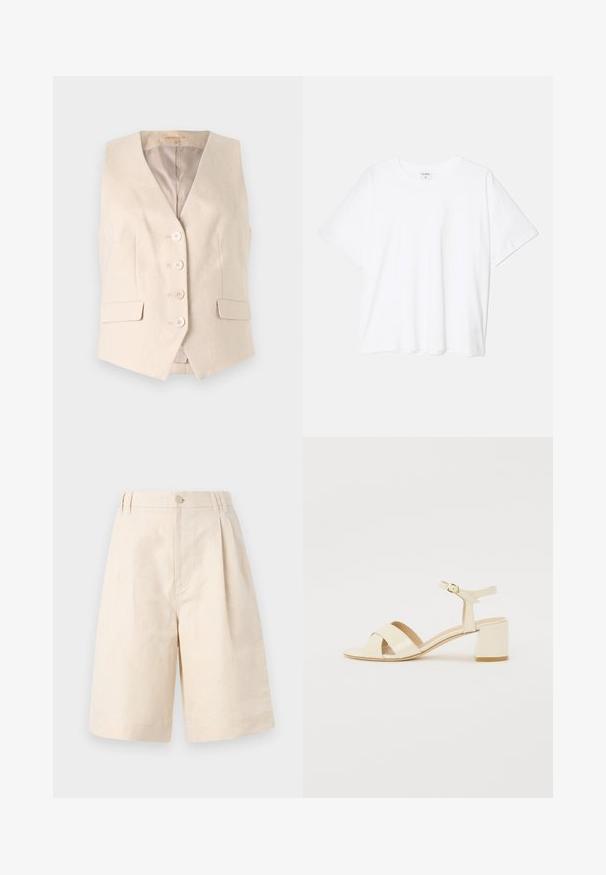 Chaleco ajustado beige hecho de una tela texturada, con escote en V, cuatro botones frontales y dos bolsillos laterales. Interior forrado.; Camiseta de algodón blanca con mangas cortas, escote redondo, corte relajado y dobladillo cosido. Etiqueta visible en el interior del cuello.; Pantalones cortos de lino beige con un ajuste relajado, que presentan un cierre de botón, diseño plisado y corte hasta la rodilla. Textura suave y estilo simple.; Sandalias de tacón de charol beige con diseño de tira cruzada, puntera abierta, correa ajustable en el tobillo y tacón cuadrado. Textura suave.