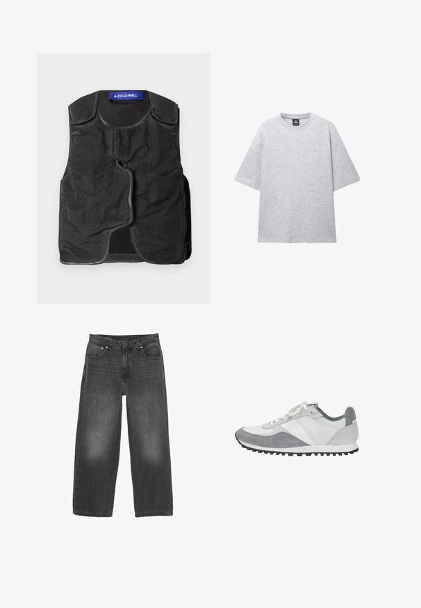 Čierny vest s textúrovanou tkaninou, zaobleným výstrihom, asymetrickým predným zapínaním a bočnými vreckami. Má modrú značku na golieri.; Sivý krátky rukáv tričko vyrobené z mäkkej tkaniny; má okrúhly výstrih a voľný strih s spustenými ramenami. Neobsahuje žiadne vzory ani akcenty.; Čierne široké rifle z denimu s jemnými vertikálnymi pruhmi, dizajn s piatimi vreckami a predným zapínaním na gombíky. Ošúchaný vzhľad v blízkosti vreciek.; Biele a šedé tenisky s kombináciou hladkej kože a semišu, s textúrovanou podrážkou a štíhlym dizajnom. Šnúrky sú biele.