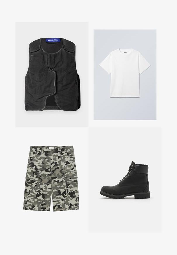 Čierny vest s textúrovanou tkaninou, zaobleným výstrihom, asymetrickým predným zapínaním a bočnými vreckami. Má modrú značku na golieri.; Biely bavlnený tričko s okrúhlym výstrihom, krátkymi rukávmi a voľným strihom. Má značkovú etiketu s nápisom "WEEKDAY" na výstrihu.; Maskovacie cargo šortky v odtieňoch šedej a zelenej, s viacerými vreckami, zapínaním na gombík a pevným povrchom látky.; Čierna členková obuv vyrobená z semišu s gumovou podrážkou, s kovovými očkami, šnúrkami a mäkkým umeleckým koženým golierom okolo vrchu.