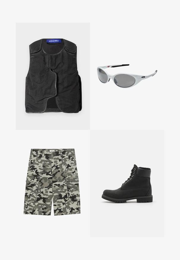 Schwarze Weste aus strukturiertem Stoff, mit rundem Ausschnitt, asymmetrischer Vorderseite und seitlichen Taschen. Mit einem blauen Markenlabel am Kragen.; Weißes Baumwoll-T-Shirt mit rundem Halsausschnitt, kurzen Ärmeln und lockerer Passform. Verziert mit einem Markenlabel mit der Aufschrift "WEEKDAY" am Halsausschnitt.; Tarnfarbene Cargo-Shorts in Grautönen und Grüntönen, mit mehreren Taschen, einem Knopfverschluss und robuster Stoffstruktur.; Schwarze Knöchelstiefel aus Wildleder mit Gummisohle, ausgestattet mit metallischen Ösen, Schnürsenkeln und einem weichen Kunstfellkragen am oberen Rand.; Weiße Kunststoff-Sonnenbrille mit großen, ovalen Gläsern in grauer Tönung. Verfügt über schwarze Ohrpolster und ein kleines Logo am Rahmen. Glatte Oberfläche.