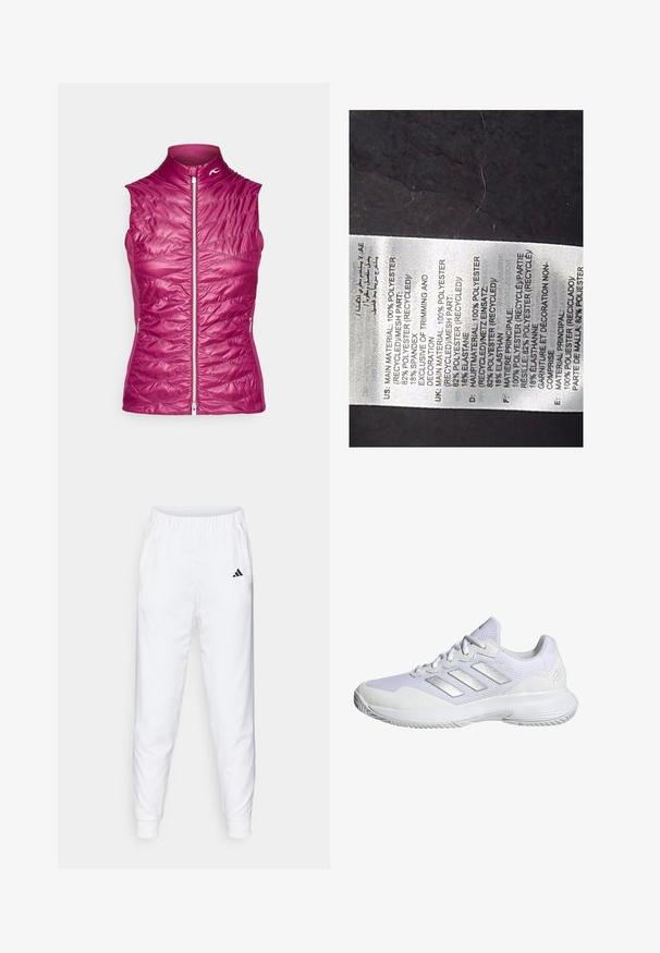 Violet sleeveless vest with a high collar, quilted texture, front zipper, and side pockets; lightweight and designed for warmth.; White fabric label with black text detailing materials: 100% recycled polyester, 82% polyester, 18% spandex; includes multiple languages.; White athletic pants with elastic waistband and cuffs. Features side pockets and a small black logo on the left thigh. Smooth fabric finish.; White athletic shoe with mesh upper, textured panels, and silver accents. Features a cushioned sole and round toe design.