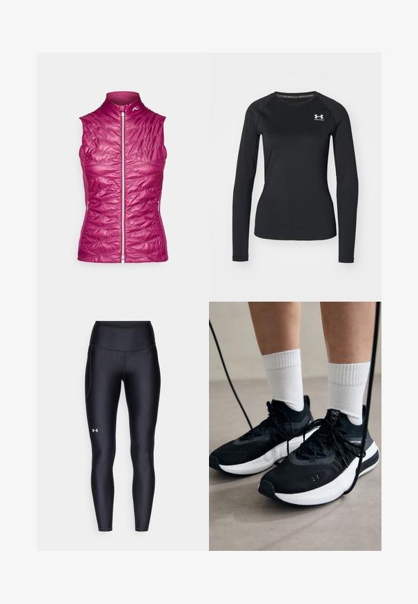 Fioletowa bezrękawnik z wysokim kołnierzem, pikowanym teksturą, z przednim zamkiem i kieszeniami po bokach; lekki i zaprojektowany z myślą o ciepłocie.; Czarna, długosleeve'owa koszulka sportowa z gładkiego materiału, z okrągłym dekoltem i małym białym logo na lewej piersi.; Czarne legginsy wykonane z gładkiego, elastycznego materiału z wysokim stanem. Posiadają białe logo na lewym udzie oraz dopasowany krój.; Czarne buty sportowe z teksturowanym materiałem, białą podeszwą i czarnymi sznurowadłami. Nosi je osoba w białych skarpetkach w prążki, stojąca na jasnej powierzchni.