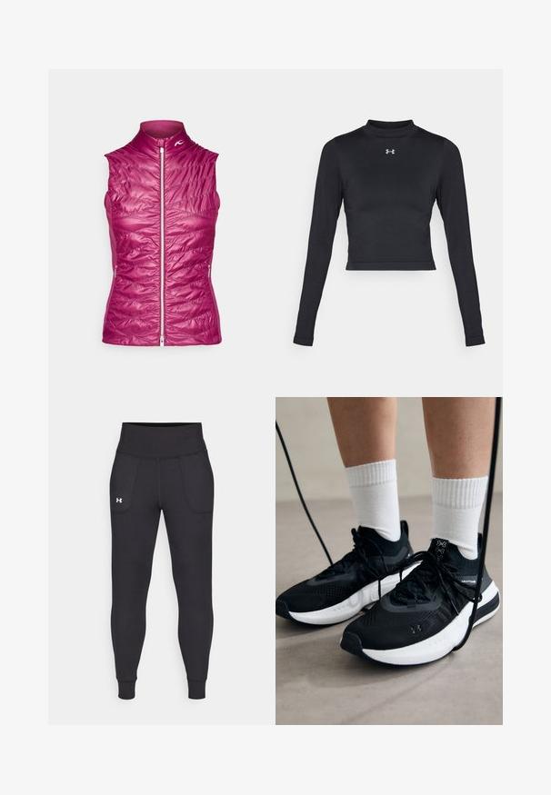 Ljubičasti bez rukava prsluk s visokim ovratnikom, kviltiranom teksturom, prednjim patentnim zatvaračem i bočnim džepovima; lagan i dizajniran da pruža toplinu.; Crna dugorukava cropped majica od glatke, rastezljive tkanine s visokim ovratnikom i malim reflektirajućim logotipom na prsima.; Crne sportske tajice napravljene od rastezljivog materijala, sa visokim pojasom, bočnim džepovima i uskim manžetama na gležnjevima.; Crne atletske cipele s teksturiranim materijalom, bijelim potplatima i crnim vezicama. Nosene s bijelim rebrastim čarapama, stojeći na svijetloj površini.