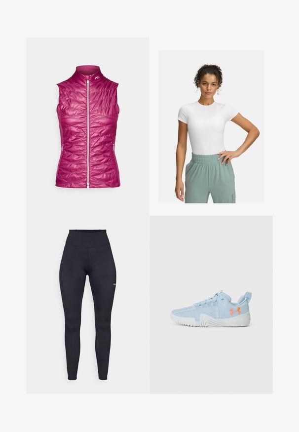 Violetta bezpiedurkņu veste ar augstu apkakli, quiltēta tekstūra, priekšējais rāvējslēdzis un sānu kabatas; viegla un radīta siltumam.; Balta pieguļoša T-kreklā ar īsām piedurknēm, kombinēta ar gaiši zaļām elastīgām biksēm. Gluda tekstūra, minimālisma dizains, bez redzamām rakstainām detaļām.; Augsta vidukļa melnie legingi, izgatavoti no elastīgas auduma, ar gludu tekstūru un nelielu logo apakšējā daļā. Pieguļoša dizaina.; Gaiši zils sporta apavu pāris, izgatavots no tīkla materiāla ar teksturētu zoli, ar oranžu logotipu un auklu dizainu.