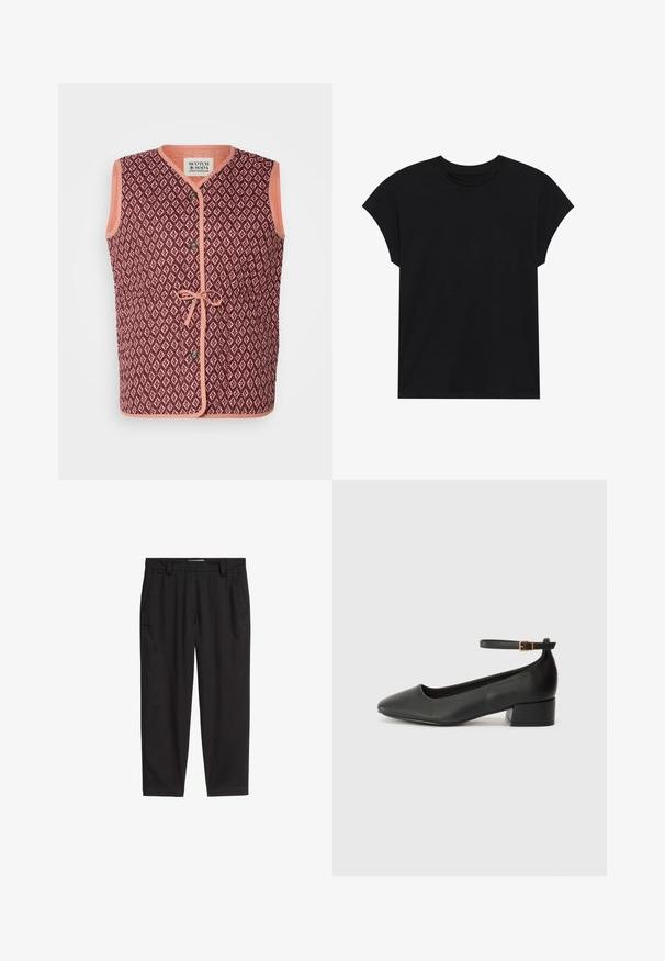 Gilet senza maniche con un motivo geometrico color bordeaux, bordo a contrasto pesca, chiusura frontale con bottoni e dettaglio legato in vita.; T-shirt in cotone nero con scollatura rotonda, maniche corte e vestibilità rilassata. Texture liscia e nessun motivo o decorazione visibile.; Pantaloni neri in cotone con design a gamba dritta, dotati di passanti per cintura e due tasche laterali, rifiniti con una texture liscia.; Pump in pelle nera con punta affusolata e tacco basso a blocco. Presenta una cinghia alla caviglia con una fibbia in tonalità oro. Texture liscia.