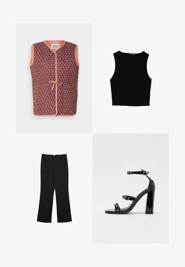 Mouwloze vest met een bordeauxrood geometrisch patroon, contrasterende perzikkleurige afwerking, knoopsluiting aan de voorkant en een strikdetail in de taille.; Zwarte mouwloze crop top van soepel materiaal, met een ronde hals en een schone, eenvoudige uitstraling zonder patronen of hardware.; Zwarte broek met een rechte pasvorm, voorzien van zijzakken en plooien aan de onderzijde. Gemaakt van zachte, gladde stof. Geschikt voor verschillende gelegenheden.; Zwarte gepatenteerde sandalen met hak en een vierkante neus, enkelbandjes en zilveren gespen. Heeft een stevige blokhak voor stabiliteit.