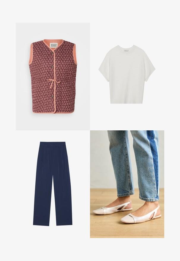 Gilet senza maniche con un motivo geometrico color bordeaux, bordo a contrasto pesca, chiusura frontale con bottoni e dettaglio legato in vita.; T-shirt bianca a maniche corte con scollo rotondo ampio e texture a coste, realizzata in tessuto morbido, caratterizzata da una vestibilità rilassata e un design pulito.; Pantaloni a gamba larga blu navy realizzati in tessuto morbido, dotati di pieghe frontali, una texture liscia e una vestibilità dritta senza tasche visibili.; Ballerine slingback rosa pallido con punta affusolata, realizzate in un materiale simile alla pelle liscio. Presentano dettagli a taglio sui lati e un tacco piatto.