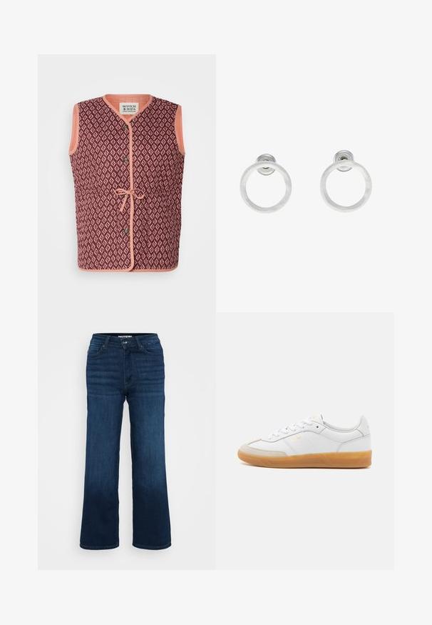 Majica brez rokavov z bordo geometrijskim vzorcem, kontrastnimi breskvovimi obrobami, sprednjim zapiranjem na gumb in detajlom s trakovi v pasu.; Even&Odd Petite 2 PACK - Top - light grey/black; ONLY Petite ONLMADISON BLUSH WIDE - Široke hlačnice - dark blue denim; Bela usnjena teniska obutev z bež zlatimi poudarki, podplatom iz gumijastega materiala in vezalnim dizajnom. Vsebuje diskretno blagovno znamko v zlati barvi.; Srebrni kovinski obročasti uhani z brušenjem, s krožno obliko in prozornim zatičem za varno nošenje.