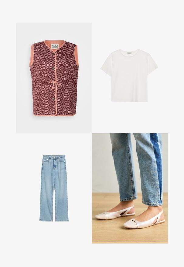 Gilet senza maniche con un motivo geometrico color bordeaux, bordo a contrasto pesca, chiusura frontale con bottoni e dettaglio legato in vita.; T-shirt bianco a maniche corte realizzato in morbido cotone. Presenta un collo rotondo e una vestibilità comoda. Design pulito senza modelli o dettagli visibili.; Jeans wide leg in denim azzurro chiaro con vita alta, cinque tasche e una leggera scoloritura nel tessuto. Taglio dritto con orli puliti.; Ballerine slingback rosa pallido con punta affusolata, realizzate in un materiale simile alla pelle liscio. Presentano dettagli a taglio sui lati e un tacco piatto.