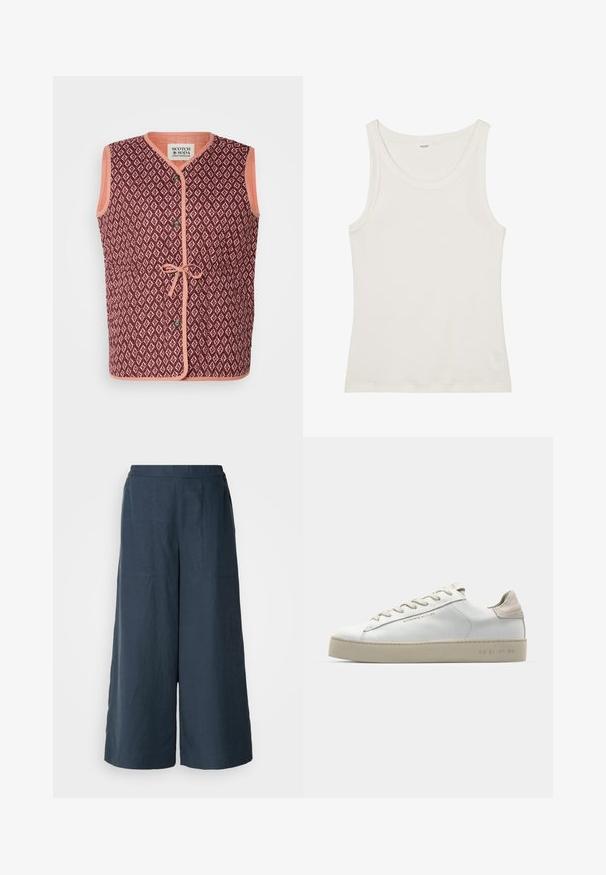 Gilet sans manches avec un motif géométrique bordeaux, un contraste de bordure pêche, une fermeture à boutons sur le devant et un détail à nouer à la taille.; Débardeur en coton blanc avec un col large et de fines bretelles. Texture lisse sans motifs ni embellissements visibles.; Pantalons à jambes larges en bleu marine, fabriqués à partir d'un tissu léger. Dotés d'une surface légèrement texturée, d'une taille élastique et de coutures avant.; Sneaker en cuir blanc avec une finition lisse, accents en suède beige, bout arrondi, design à lacets plats et semelle en caoutchouc texturée.