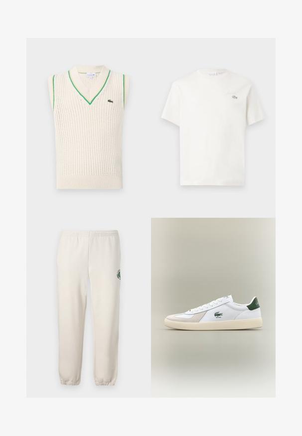 V-paita ilman hihansuita, jossa on kermaista väriä ja vihreitä yksityiskohtia kauluksessa ja käsivarsissa. Sisältää hengittävän rakenteen ja logotiedot.; Valkoinen puuvillainen t-paita lyhyillä hihoilla, jossa on huomaamaton brodeerattu logo ja minimalistinen muotoilu. Pehmeä tekstuuri, pyöreä pääntie.; Vaaleanbeiget collegehousut, jotka on valmistettu puuvillasta. Niissä on joustava vyötärö, ribbireunat sekä vihreä logo, jossa on lehtimuotoilu vasemmassa lahkeessa.; Valkoiset tennarit vihreillä yksityiskohdilla, mokka- ja nahkamateriaaleja, pyöreä kärki, teksturoitu ulkopohja sekä brodeerattu logo sivulla ja kielekkeessä.