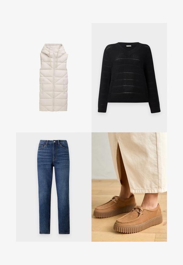 Bežová prešívaná vesta s kapucňou, s predným zipsom, dvoma bočnými vreckami a prešívaným diamantovým vzorom na celom materiáli.; TOM TAILOR DENIM V NECK - Svetrík - deep black; Džínsy s vysokým pásom, modré, s rovnými nohavicami, ktoré majú jemné oprania, jednoprevodový zapínací gombík a dizajn s piatimi vreckami.; Svetlé kožené topánky s textúrovaným povrchom, okrúhlou špičkou a hrubými, zúbkovanými podrážkami. Šnúrky a detaily šitia zvýrazňujú dizajn.